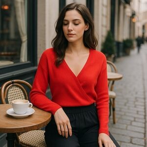 Elodie M Red Ribbed Faux Wrap Sweater V-Neck Long Sleeve Soft Office Knit NWT